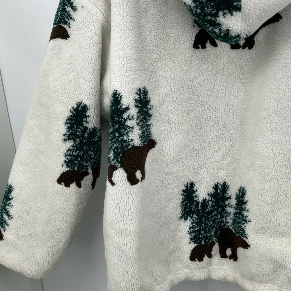 ⭐️Vintage Country Woods Forest Print Cream Fleece Zip-Up Hoodie